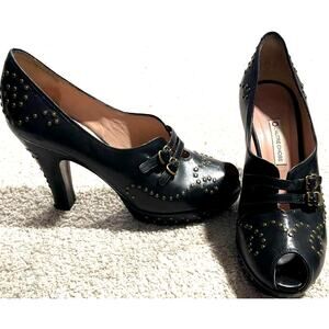 L'autre Chose Pep Toe Heels Studded Leather Womens 39 US 8.5 Black Made in Italy
